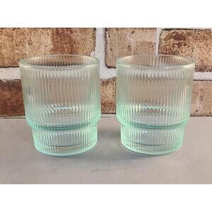2pc Jonathan Adler Ribbed Optic Glass Tumblers Sea Glass Aqua Barware Modern Set